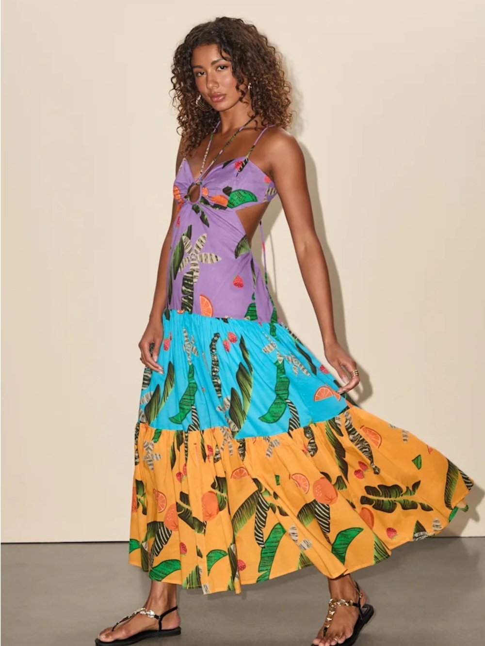 Lulu's Helia Purple Multi Tropical Print Cutout Maxi Dress